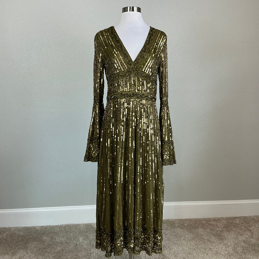 Mac Duggal 5591 Green Cocktail Dress Sequined Long Sleeve A-Line Midi Size 10 - Picture 2 of 13